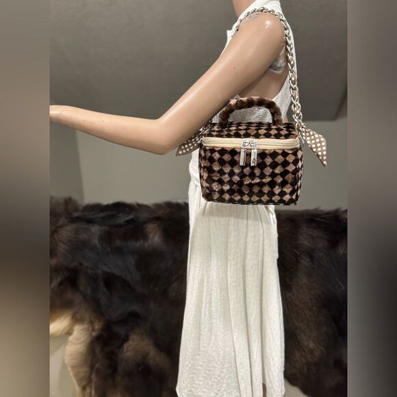 Checkerboard Real Shearling Leather Handmade Boxy Bag Set/Lamb Fur Crossbody Bag - Picture 4 of 16